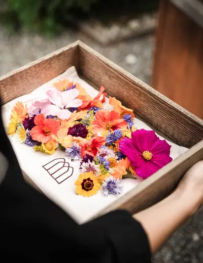 Strasserwirt (c) Hannes Niederkofler Tray of flowers ready for prep in the Strasserwirt kitchen (c) photo Hannes Niederkofler