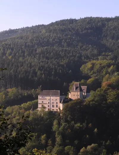 (c) Burg Feistritz in Feistritz am Wechsel Aerial view of Burg Feistritz surrounded by forests (c) photo Burg Feistritz