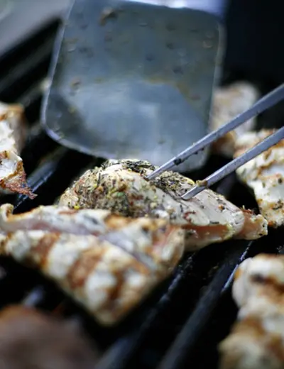 (c) Schlosshotel Iglhauser Close-up of white meat on a grill at Schlosshotel Iglhauser (c) photo Schlosshotel Iglhauser