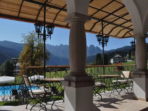 View from the terrace at Landhaus Koller overlooking the Gosau valley and the impressive mountain landscape