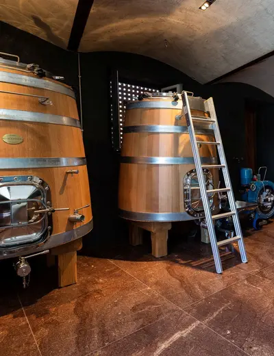 Oak barrels in the wine cellar of Weingut RADOIN 1560 in Radein, South Tyrol (c) photo Weingut RADOIN 1560