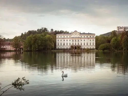 Schloss Leopoldskron with its small lake and swan in the foreground, Hohensalzburg Fortress in the background (c) photo Richard Schabetsberger