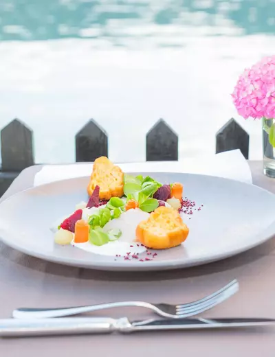 Colorful appetizers served on the lakeshore of Millstätter See at Restaurant Hotel See-Villa