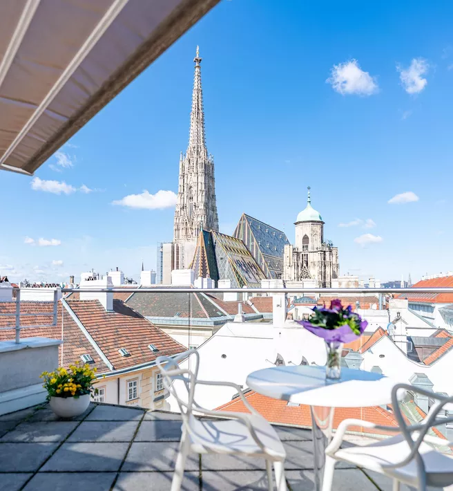 View of St. Stephen's Cathedral from the terrace of the Penthouse Suite at the Hotel König von Ungarn in Vienna