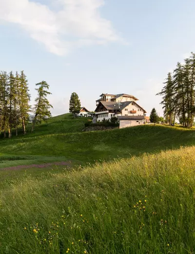 Lush, green alpine meadows and some trees serve as the backdrop for the Zirmerhof, enthroned on a sunny hilltop above Radein